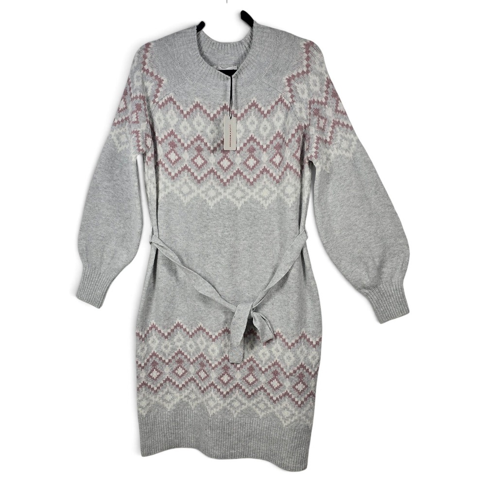 Lucky Brand Sweater Dress Womens L Fair Isle Grey Pink Belted Balloon Sleeve NEW